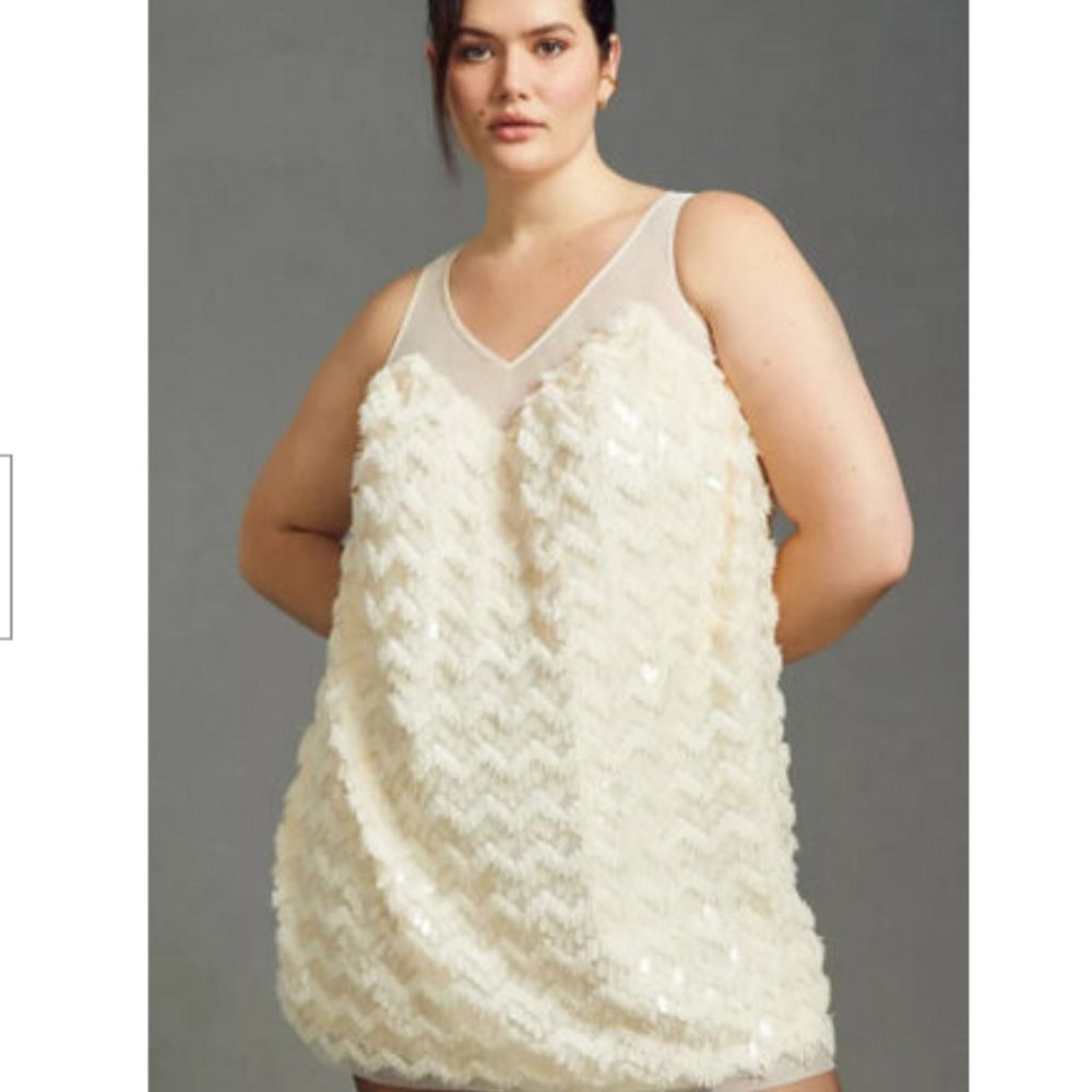 Anthropologie 3X NWT Textured Sequin Mini Dress Paillettes Cream New 230$ - Picture 4 of 9